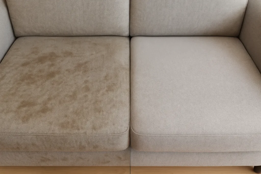 "مقارنة بين كنب قبل وبعد التنظيف بواسطة شركة تنظيف كنب في زاخر الوادي المضيء"